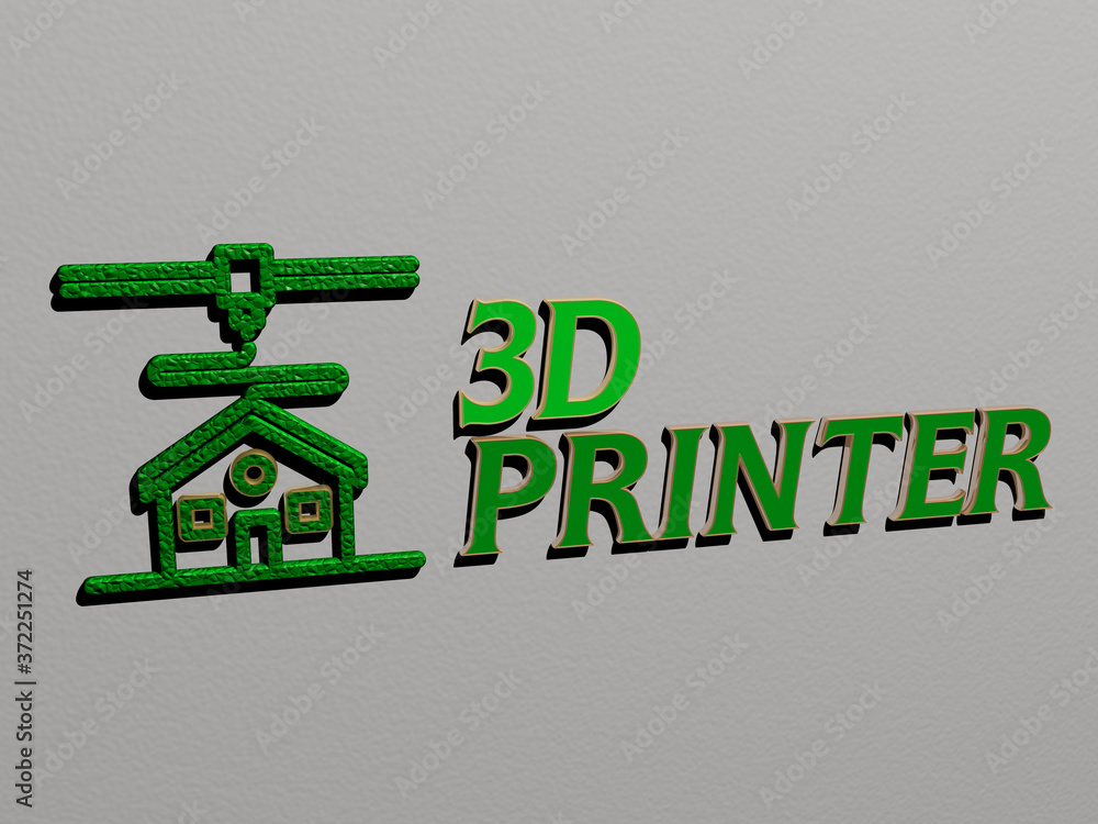Poster 3d printer icon and text on the wall, 3d illustration for background and rendering
