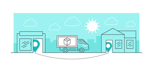 From store to home fast delivery service - thin line landscape with shop building, delivery truck and buyer house