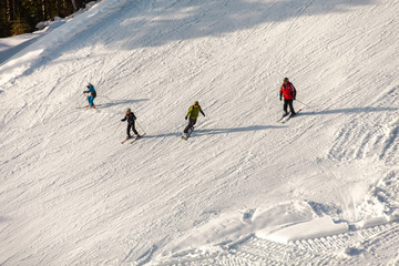 skiers and snowboarders descend from the ski slope
