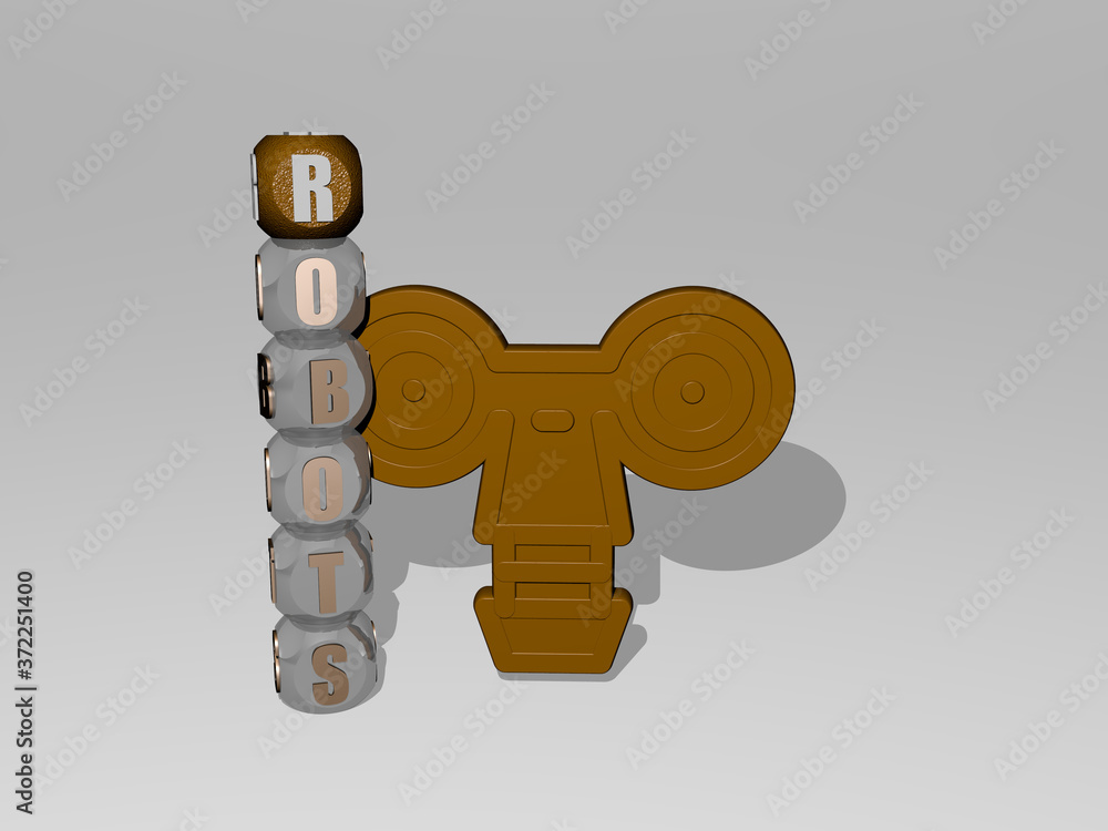 Poster 3d graphical image of robots vertically along with text built around the icon by metallic cubic lett