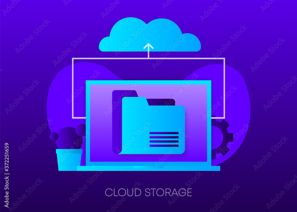 Poster cloud storage concept on dark gradient background. laptop with envelope, open email and message on s
