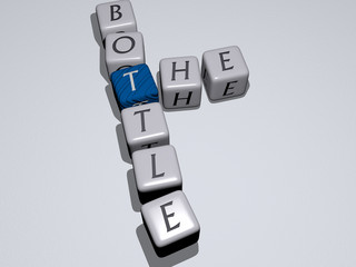 spirts hard alcohol: THE BOTTLE crossword by cubic dice letters, 3D illustration for background and glass