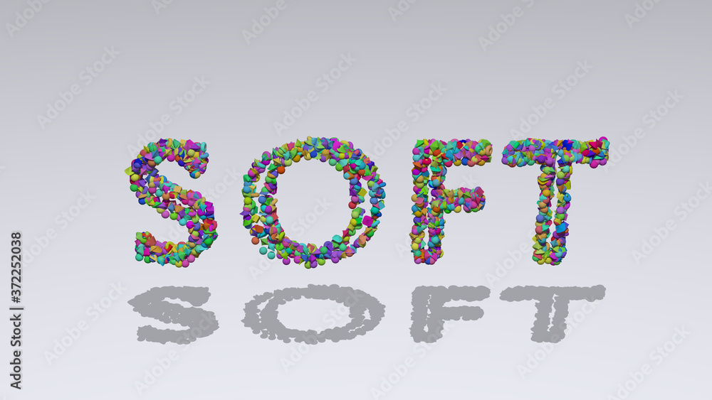 Aufkleber soft written in 3d illustration by colorful small objects casting shadow on a white background for a