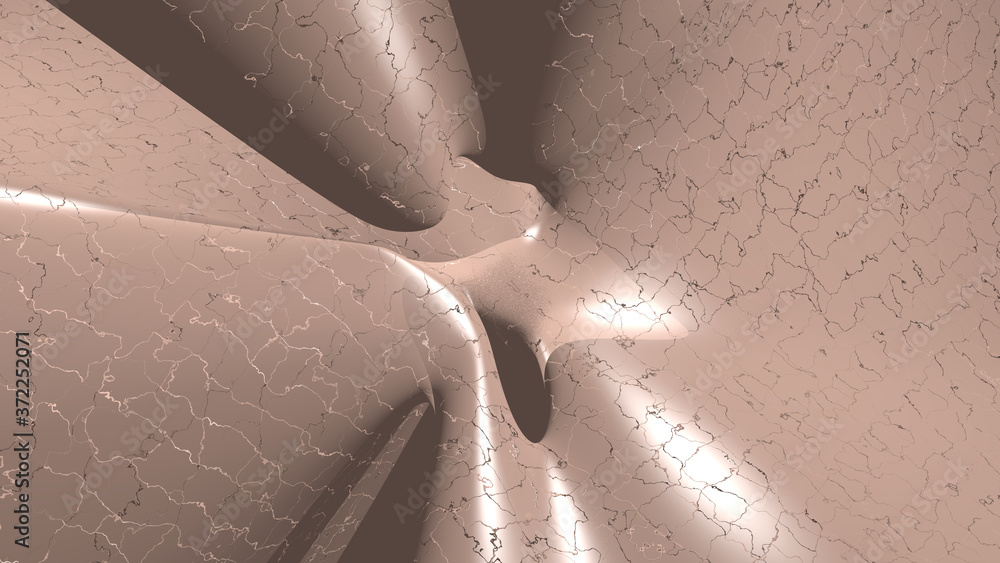 Poster chaotic 3d abstract background of curved geometrical patterns of dark salmon color with lighting and