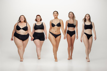 Inclusion. Portrait of beautiful young women with different shapes posing on white background. Happy female models. Concept of body positive, beauty, fashion, style, feminism. Diversity.