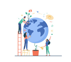 Man and women protecting plant on globe isolated flat vector illustration. Cartoon people saving earth nature. World conservation, eco science and environment concept