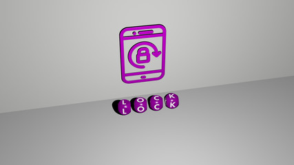 lock 3D icon on the wall and text of cubic alphabets on the floor, 3D illustration for background and door