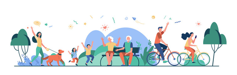 Happy group of various people in park isolated flat vector illustration. Cartoon different character walking with dog, playing, sitting and biking. Summer and leisure concept - obrazy, fototapety, plakaty
