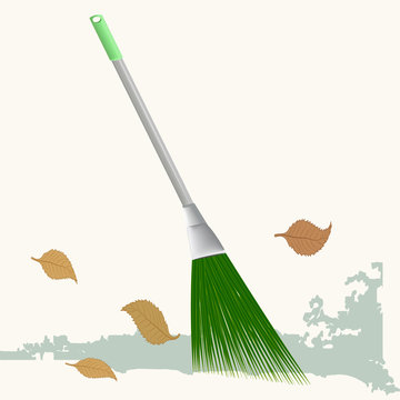 recommend clip art: Broom with metal handle - abstract light background - vector. Garden work
