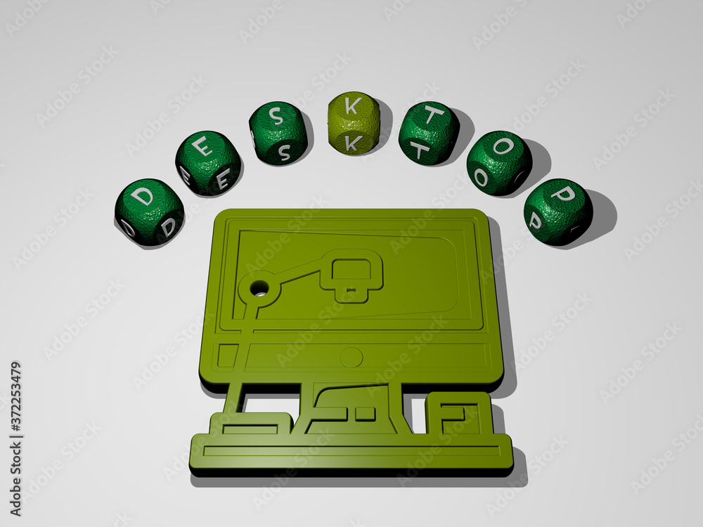 Aufkleber desktop icon surrounded by the text of individual letters, 3d illustration for background and comput