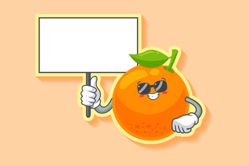 RELAXED, GLASSES, COOL Face Emotion. Holding Whiteboard Gesture. Orange, Citrus Fruit Cartoon Drawing Mascot Illustration.