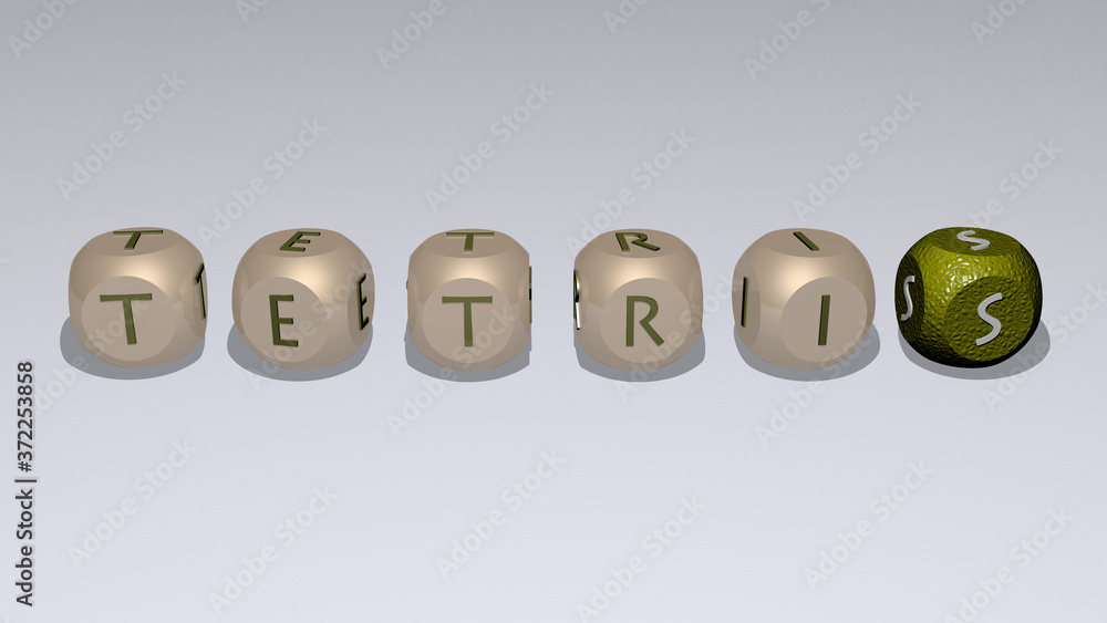 Poster tetris text by cubic dice letters, 3d illustration for background and pattern