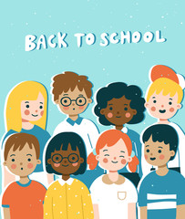 Obraz na płótnie Canvas Back to school concept in cute cartoon style. Vector illustration of happy multinational school children. Can be used for a poster, banner or cover.
