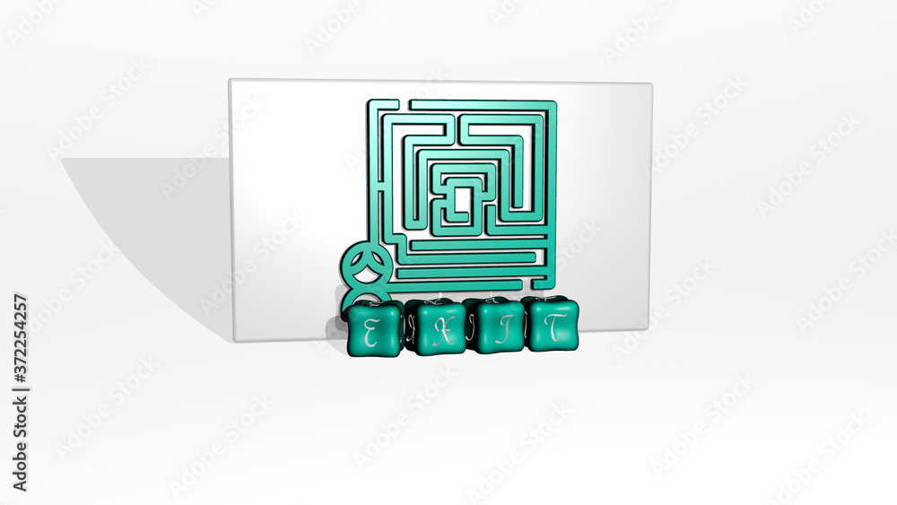 Poster 3d illustration of exit graphics and text made by metallic dice letters for the related meanings of 