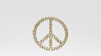 peace sign of religious symbols from a perspective on the wall. A thick sculpture made of metallic materials of 3D rendering for illustration and background