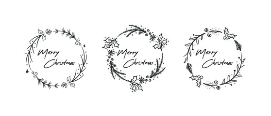Christmas greeting wreaths using calligraphy.  Drawn elements.  Set of decorative Christmas wreaths with fir branches.  Vector illustration.
