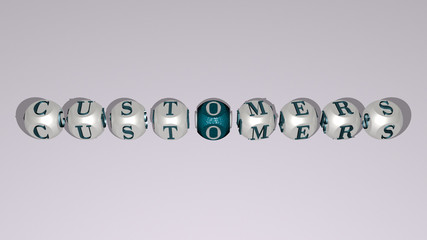 CUSTOMERS text by cubic dice letters, 3D illustration for business and concept