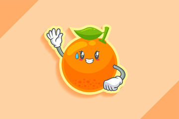 NERVOUS, PHEW, DISAPPOINTED, RELIEVED Face Emotion. Waving Hand Gesture. Orange, Citrus Fruit Cartoon Drawing Mascot Illustration.