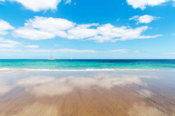 Panorama of beautiful beach and tropical sea of Lanzarote. Canaries