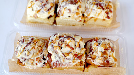 Home baking cinnamon rolls with sugar and spice sweet glazed and closeup for your happy tummy yummy food and snacks
