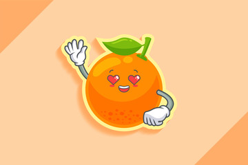 LOVELY, HAPPY, LOVING IN LOVE, HEART EYE Face Emotion. Waving Hand Gesture. Orange, Citrus Fruit Cartoon Drawing Mascot Illustration.