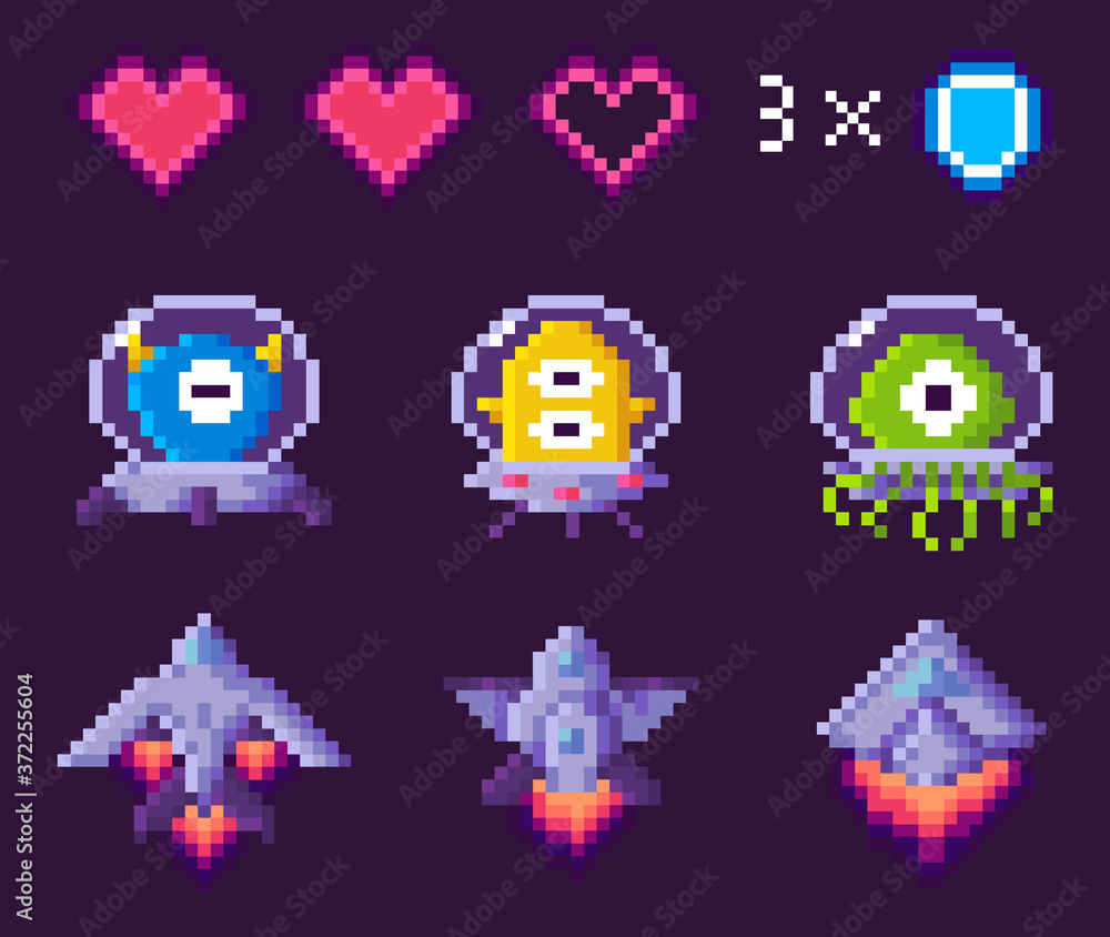 Poster pixel game vector, character of galaxy, points and numbers. spaceship with trace, heart symbolizing 