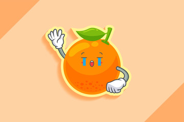 CRYING, SAD, SOB, CRY Face Emotion. Waving Hand Gesture. Orange, Citrus Fruit Cartoon Drawing Mascot Illustration.