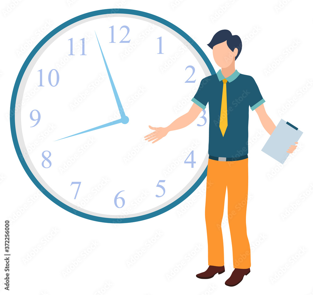 Poster confused man standing in front of clock spreading his arms. time management and procrastination conc