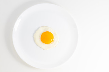 fried egg on a plate isolated on white background. Top view