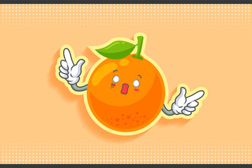 SPACED OUT, SURPRISED, SHOCKED Face Emotion. Double Forefinger Handgun Gesture. Orange, Citrus Fruit Cartoon Drawing Mascot Illustration.