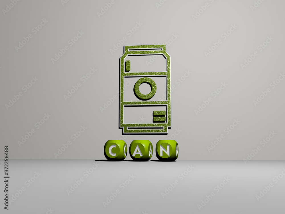 Poster 3d illustration of can graphics and text made by metallic dice letters for the related meanings of t