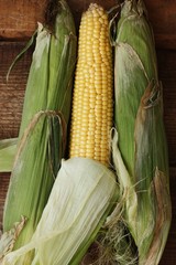 Fresh seasonal corn with leaves close up