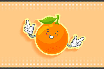 CONTENT, HAPPY , GRIN SMILE, cheerful Face Emotion. Double Forefinger Handgun Gesture. Orange, Citrus Fruit Cartoon Drawing Mascot Illustration.