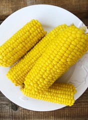 Boiled corn on a white plate macro