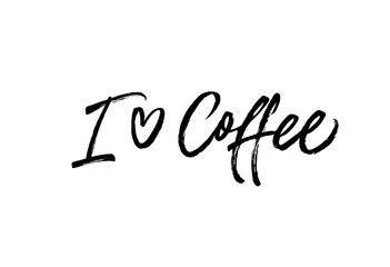 I love coffee black vector calligraphy. Hand drawn modern lettering. Coffee quote with heart isolated on white background. Quote for card, restaurant and cafe banner, poster, prints, t-shirt, pins.