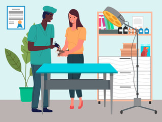 Veterinary care. Veterinarian man with girl holding hamster in the medical office. Woman brought cavy for treatment or inspection to a doctor. Visit to the vet clinic to check the health of the animal