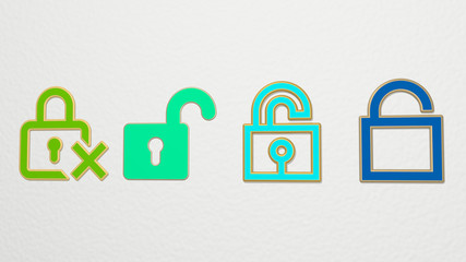 UNLOCKED 4 icons set, 3D illustration for padlock and security