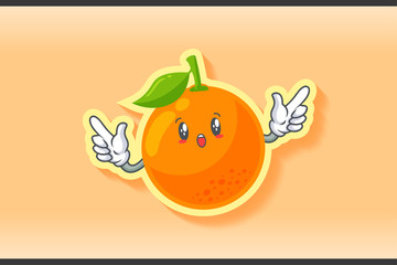 WOW, SURPRISED, AMAZED, DISMAY Face Emotion. Double Forefinger Handgun Gesture. Orange, Citrus Fruit Cartoon Drawing Mascot Illustration.