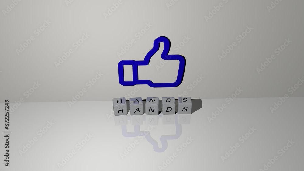 Aufkleber hands text of cubic dice letters on the floor and 3d icon on the wall, 3d illustration for backgroun