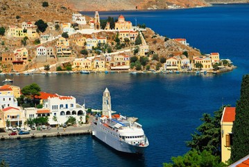 Greece, Symi island, a ferry boat at the port of Symi town, September 28 2008.