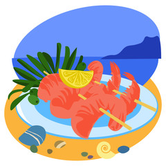 А plot from summer vacation. Dish with shrimps on the background of the sea and the beach - 372257650