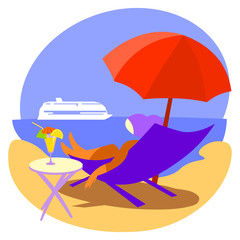 А plot from a summer vacation. Woman on a sun lounger under a sun umbrella - 372257682