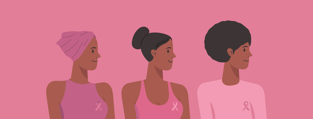 breast cancer awareness for support and health care concept, beautiful female African characters with a pink ribbon, vector flat illustration 