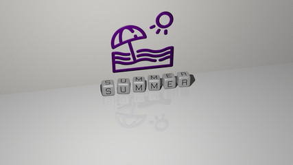SUMMER text of cubic dice letters on the floor and 3D icon on the wall, 3D illustration for background and beautiful