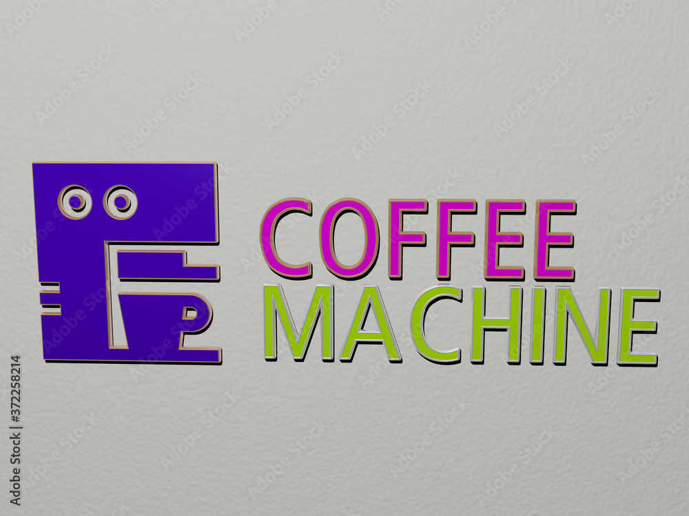 Poster 3d illustration of coffee machine graphics and text made by metallic dice letters for the related me