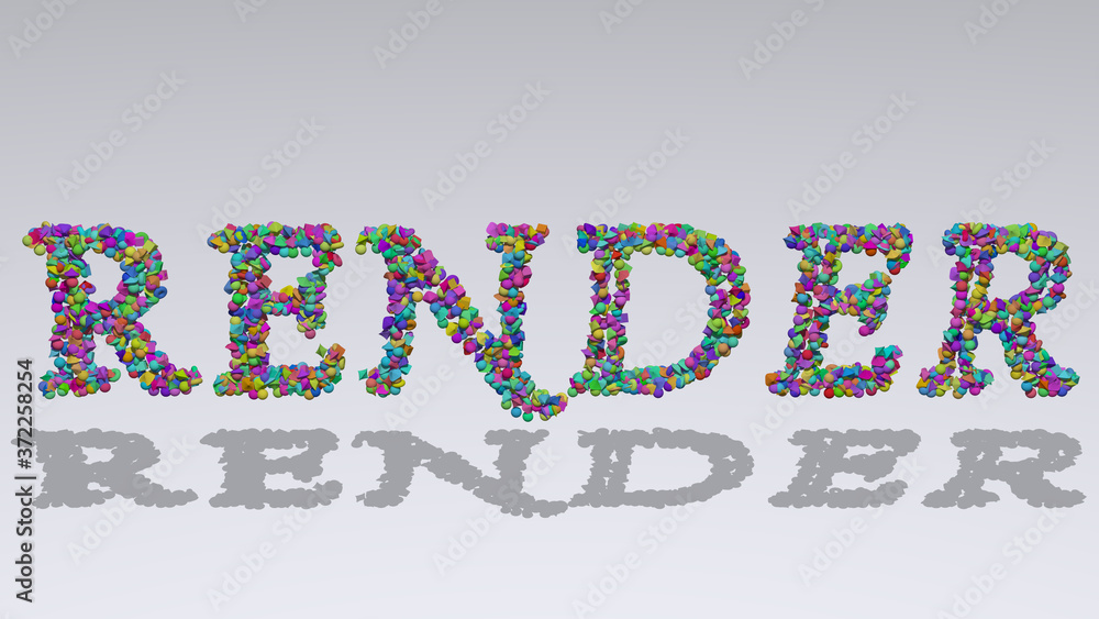 Poster render written in 3d illustration by colorful small objects casting shadow on a white background for