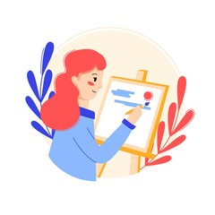 Artist paints a landscape on canvas and is at home