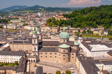 Obraz premium SALZBURG, AUSTRIA - June 24, 2020: view from above of Old Town, with hills in farness