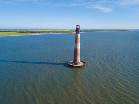 Aerial view of the Morris Island lighthouse near Folly Beach and Charleston, South Carolina.
