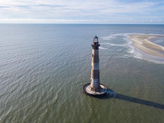 Aerial view of the Morris Island lighthouse near Folly Beach and Charleston, South Carolina.